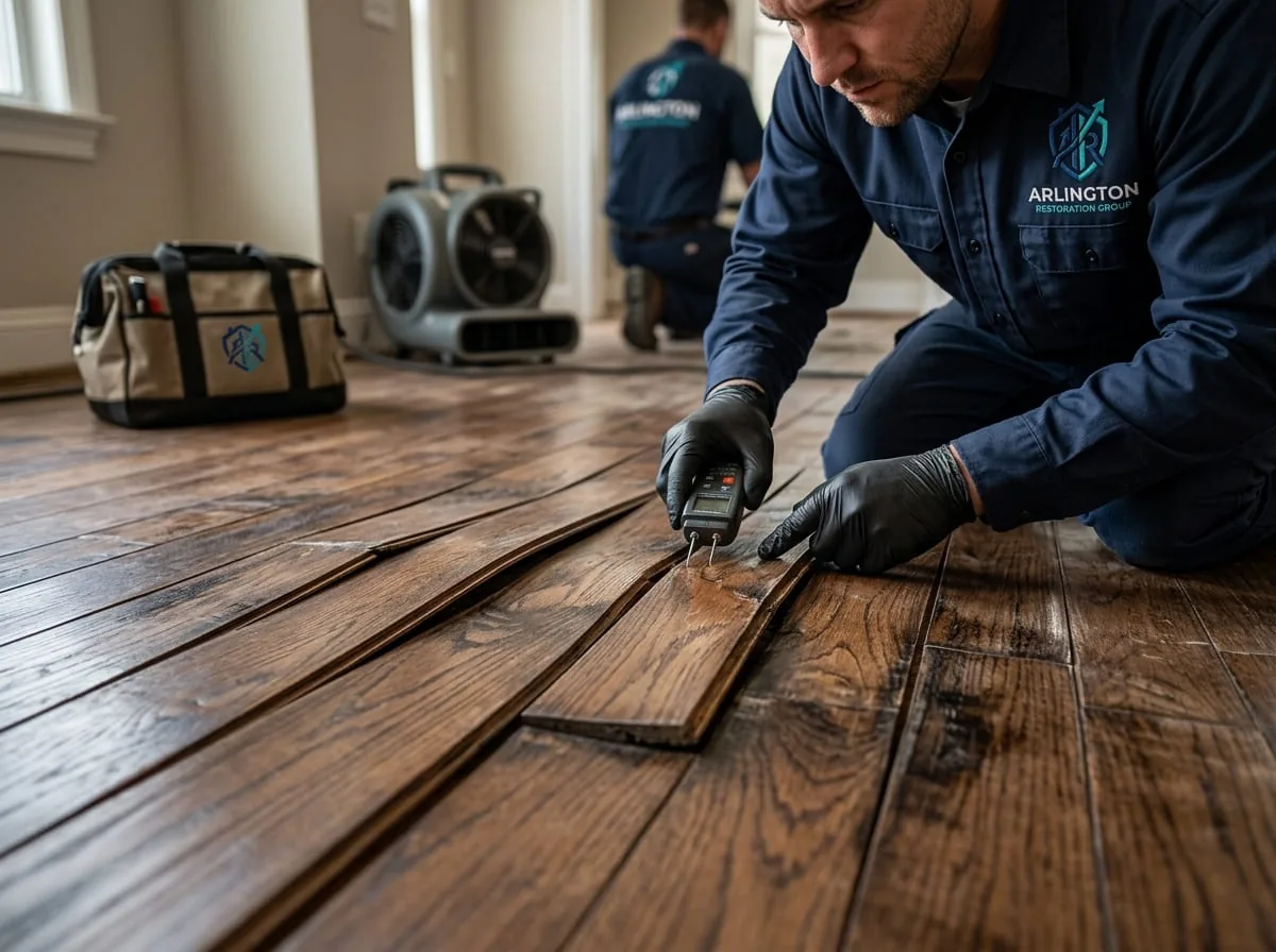 Inspection of a burst pipe and the resulting water damage before cleanup begins
