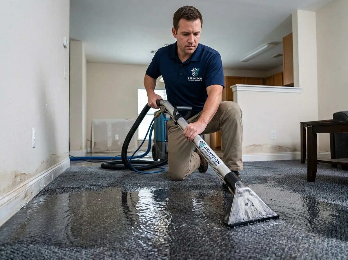 Technician extracting standing water from a flooded carpet with a water extraction wand