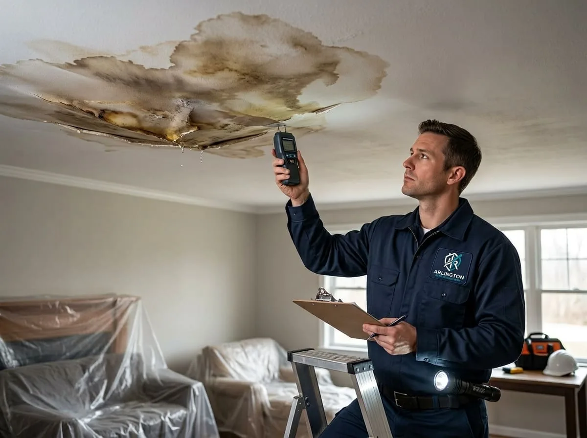 Technician inspecting a water-stained condo ceiling for a unit-to-unit leak in a Ballston high-rise