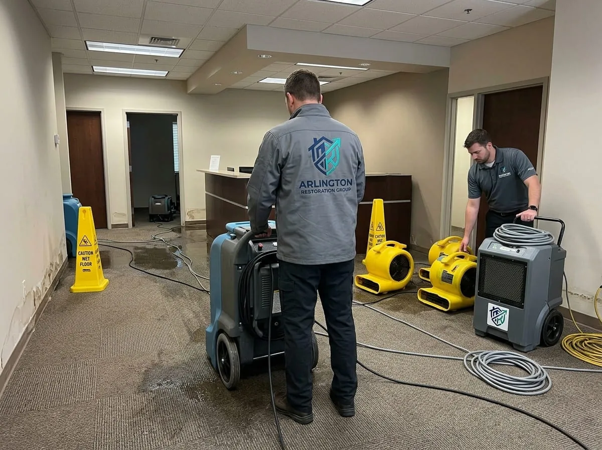 Commercial-grade water extraction equipment being used on a flooded office floor
