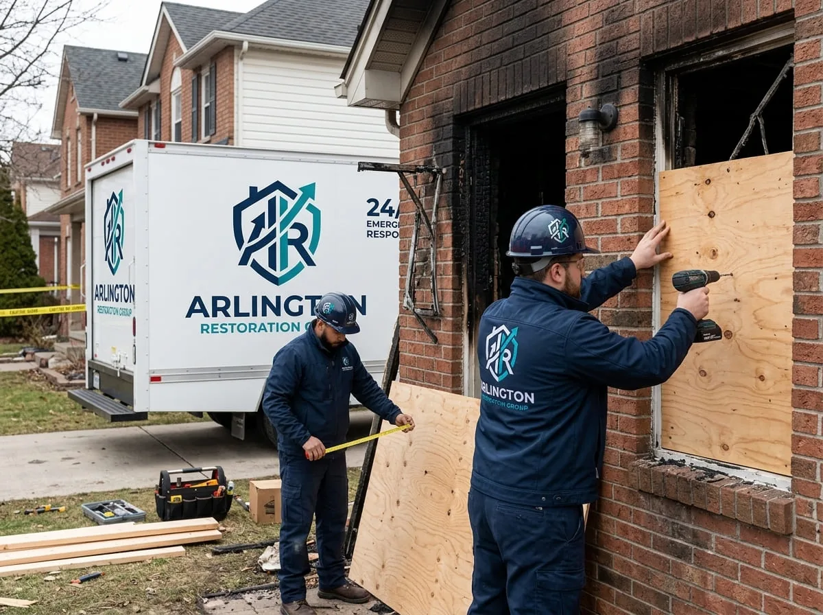 Technician boarding up a broken window on a fire-damaged home to secure the property