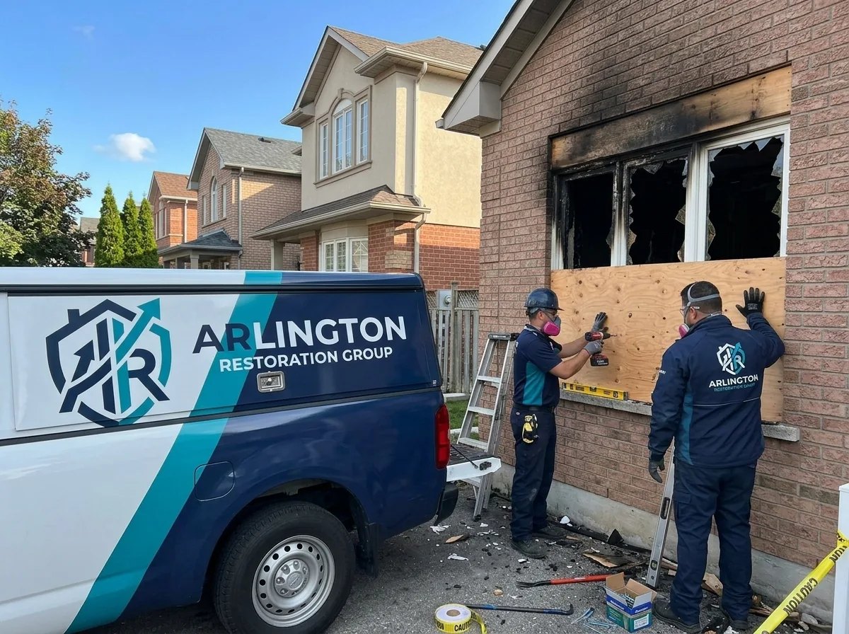 Construction crew reviewing rebuild plans at a fire-damaged property during reconstruction