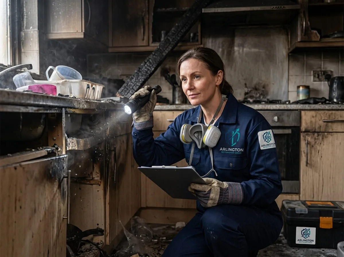 Technician inspecting fire damage in a commercial kitchen after a restaurant fire