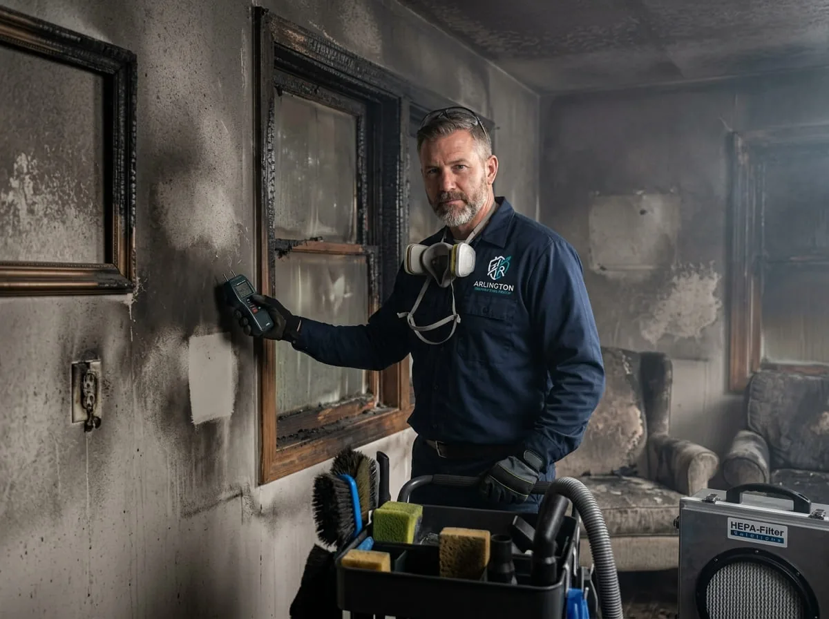 Technician assessing smoke odor damage in a living room after a house fire