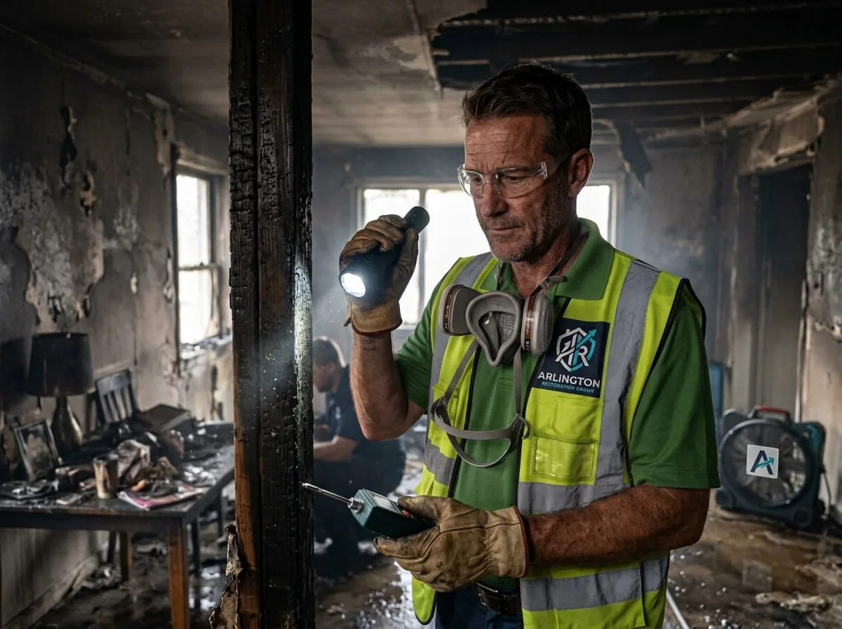Restoration technician inspecting fire and smoke damage in a residential room immediately after a fire