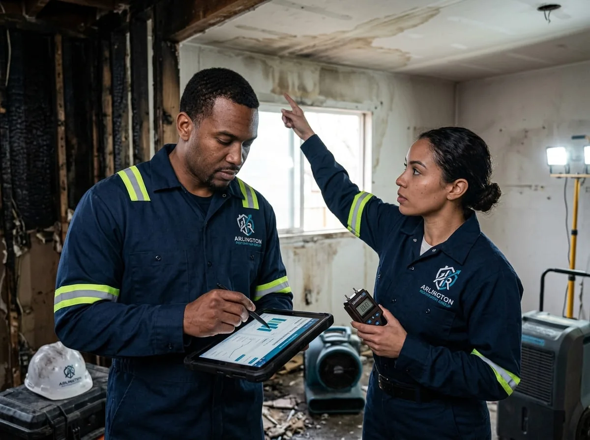 Restoration technician reviewing a fire damage restoration plan inside an affected Arlington home