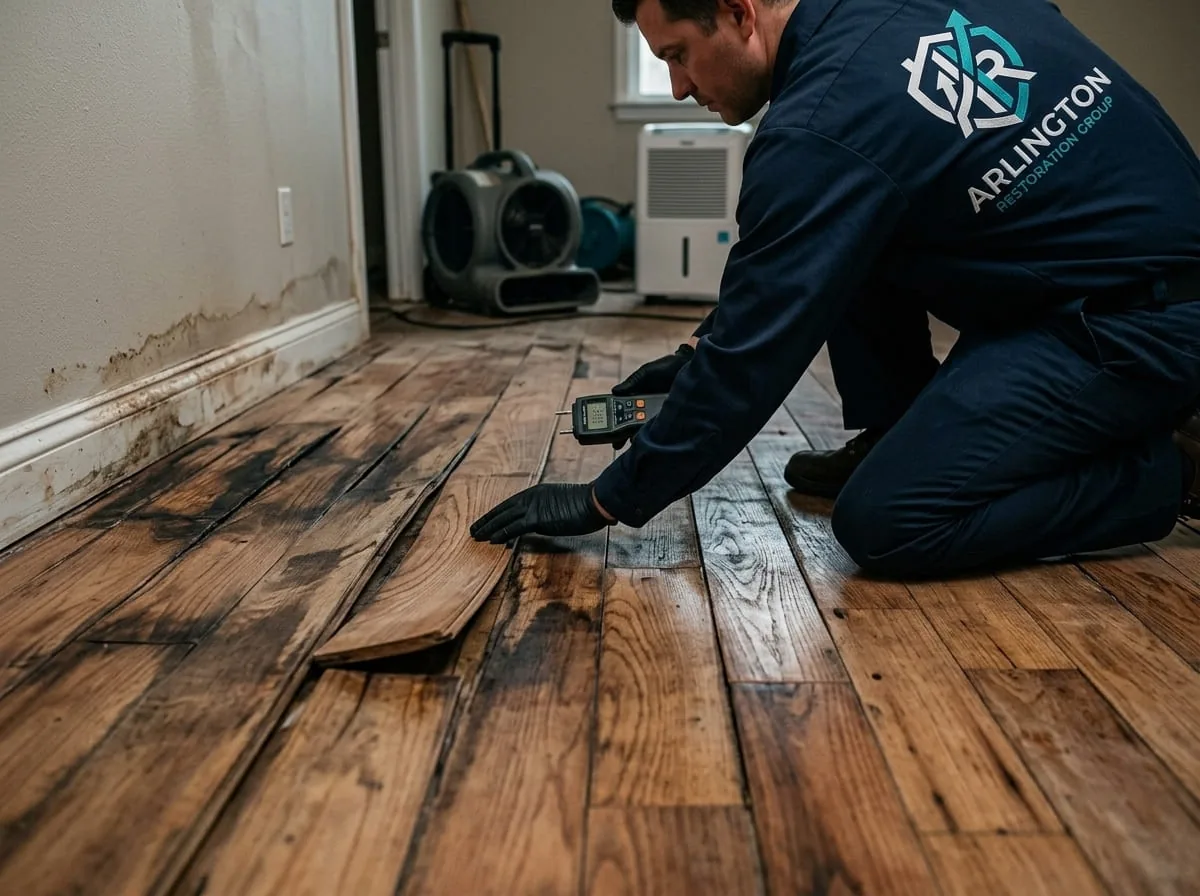 Close-up of a warped hardwood floor showing signs of water damage