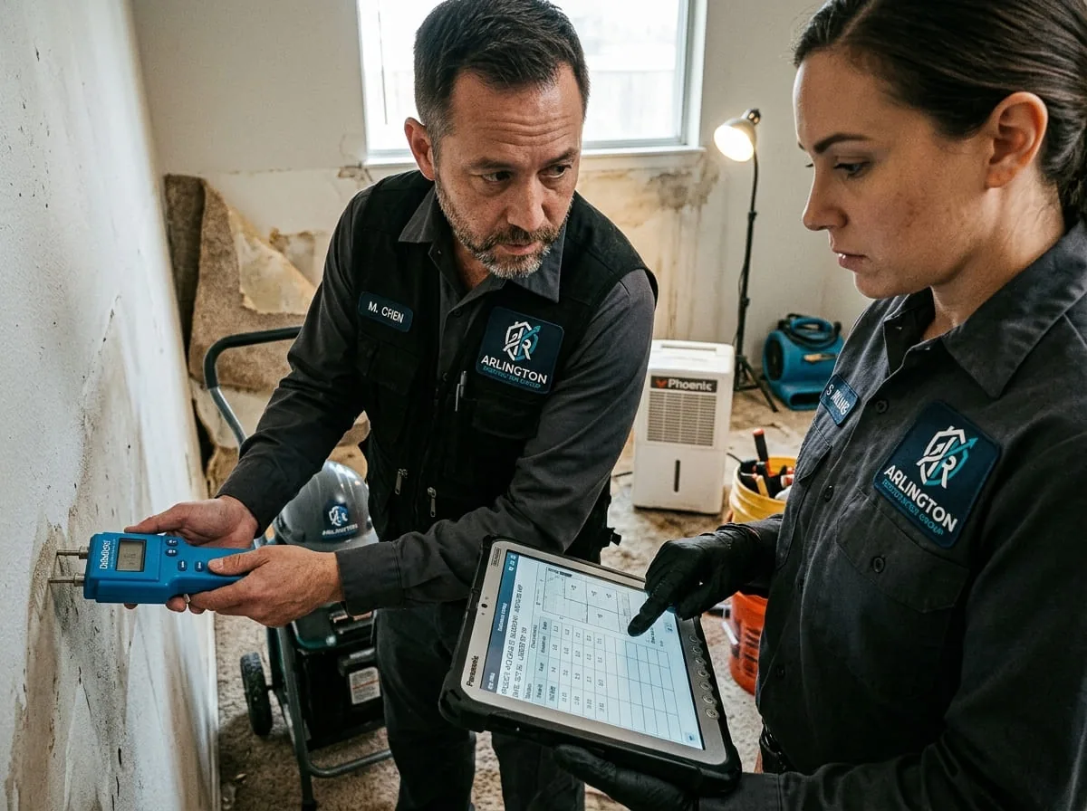 Technician mapping moisture levels near a crawl space access point after water intrusion