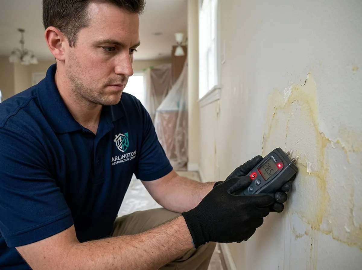 Moisture meter reading being taken on water-damaged drywall to check how far saturation extends