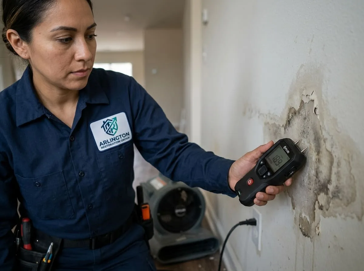 Technician using a moisture meter to check a wall for hidden water damage