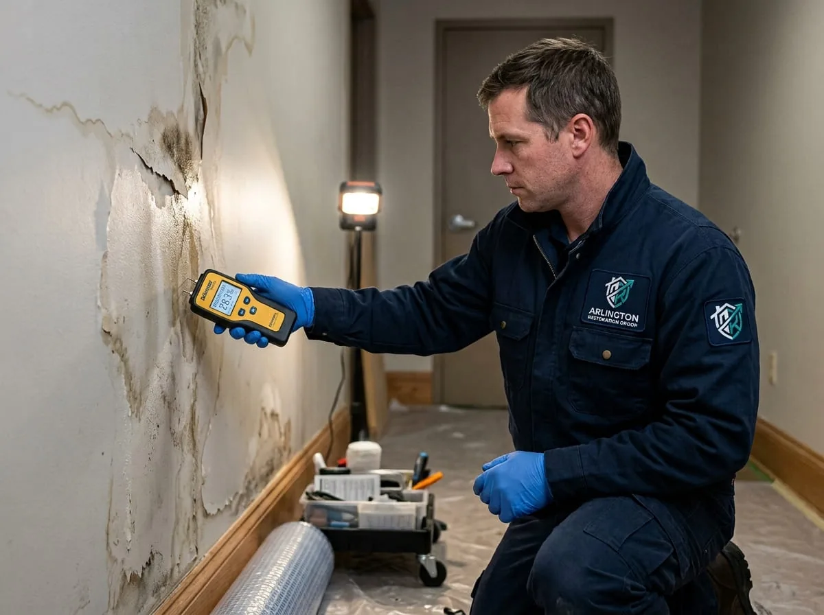 Moisture meter reading being taken on flooring near a leaking kitchen appliance