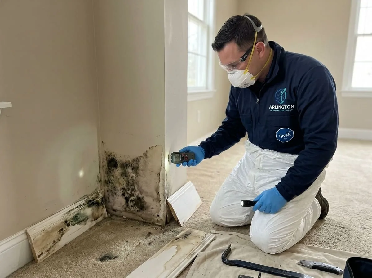 Technician inspecting mold growth on drywall in a residential room