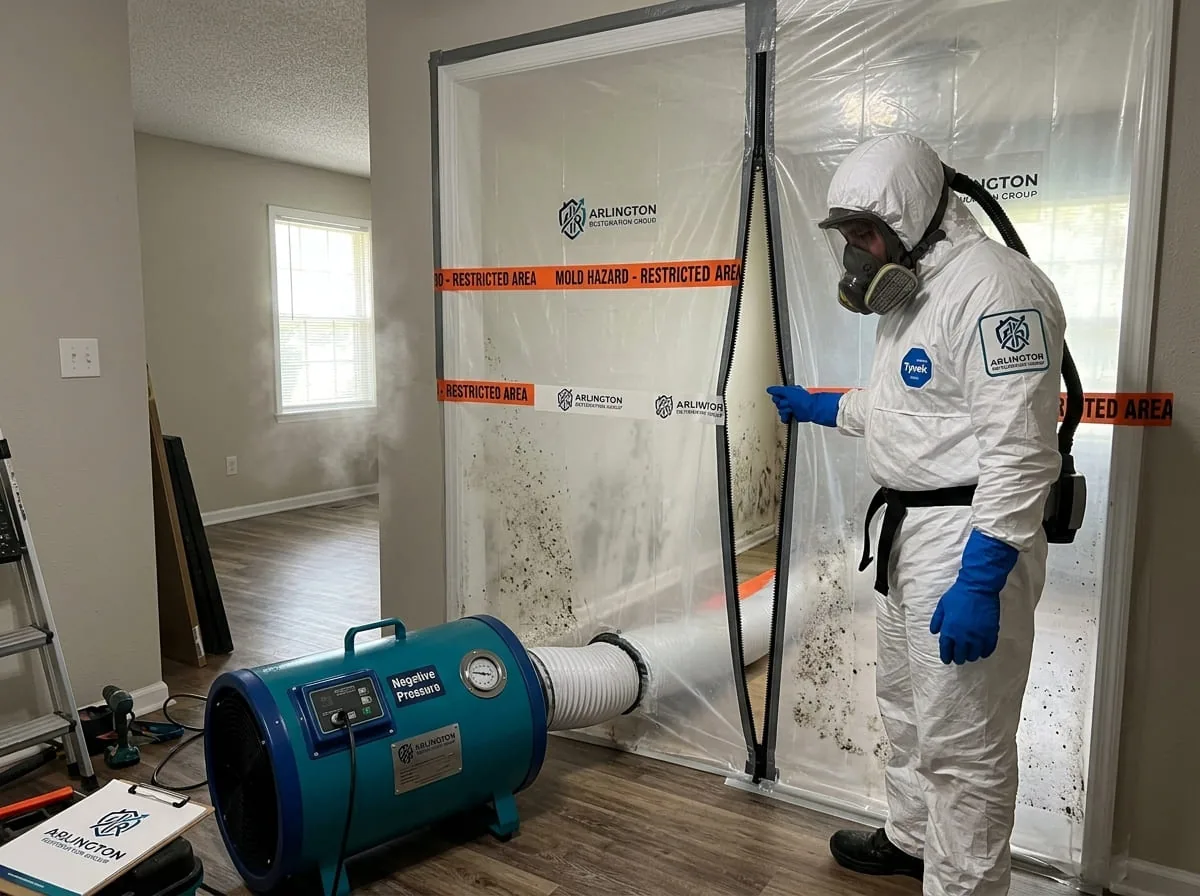 Restricted-area signage marking a contained mold remediation work zone