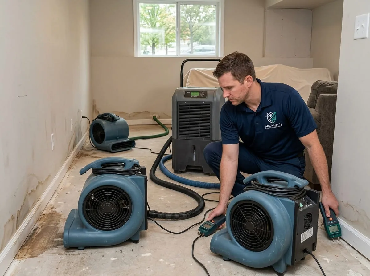 Air movers and drying equipment set up in a room to dry water-damaged flooring and walls