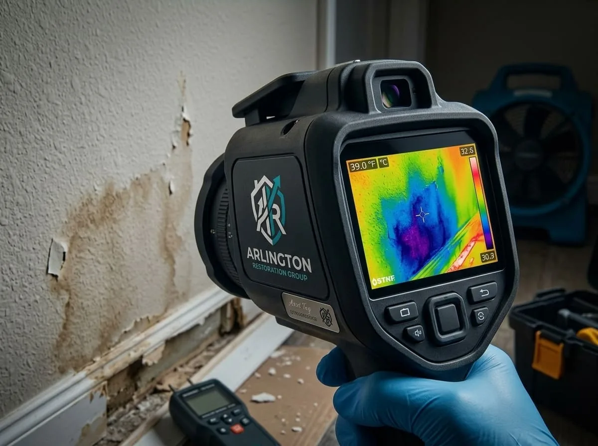 Thermal imaging camera being used to locate hidden moisture inside a wall after water damage