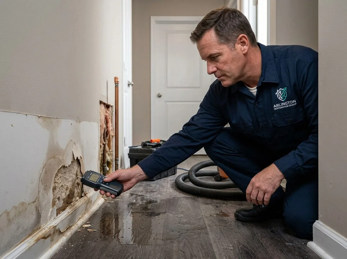 Technician inspecting a water-damaged hallway floor during an emergency response call in Arlington, VA