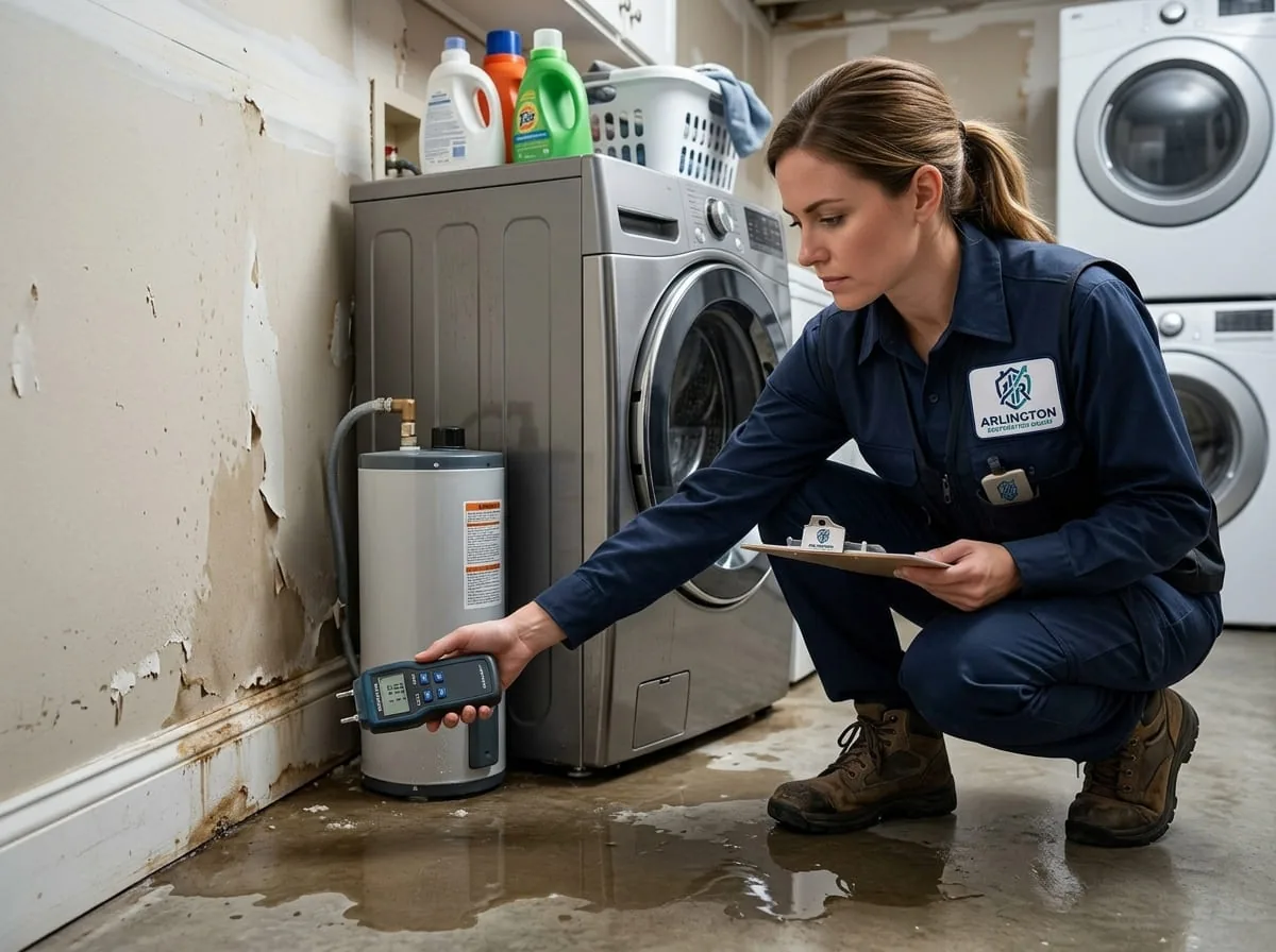 Technician assessing water damage and checking moisture levels after a residential water intrusion