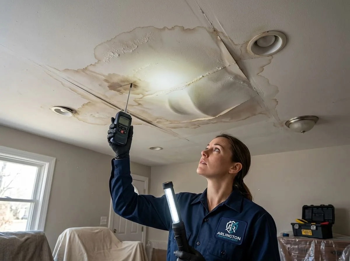 Technician assessing a water-stained ceiling for the extent of hidden moisture