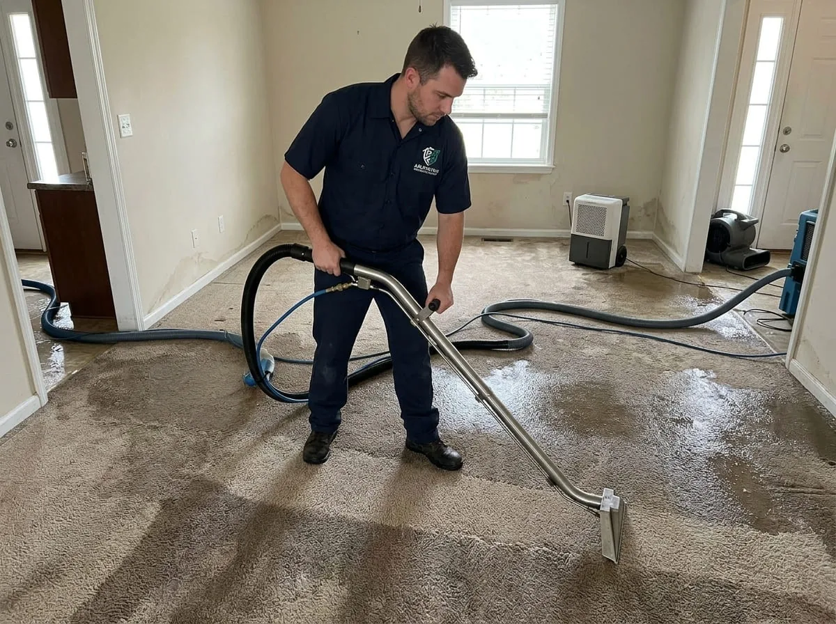 Standing water being extracted from a flooded carpet during an emergency water damage cleanup